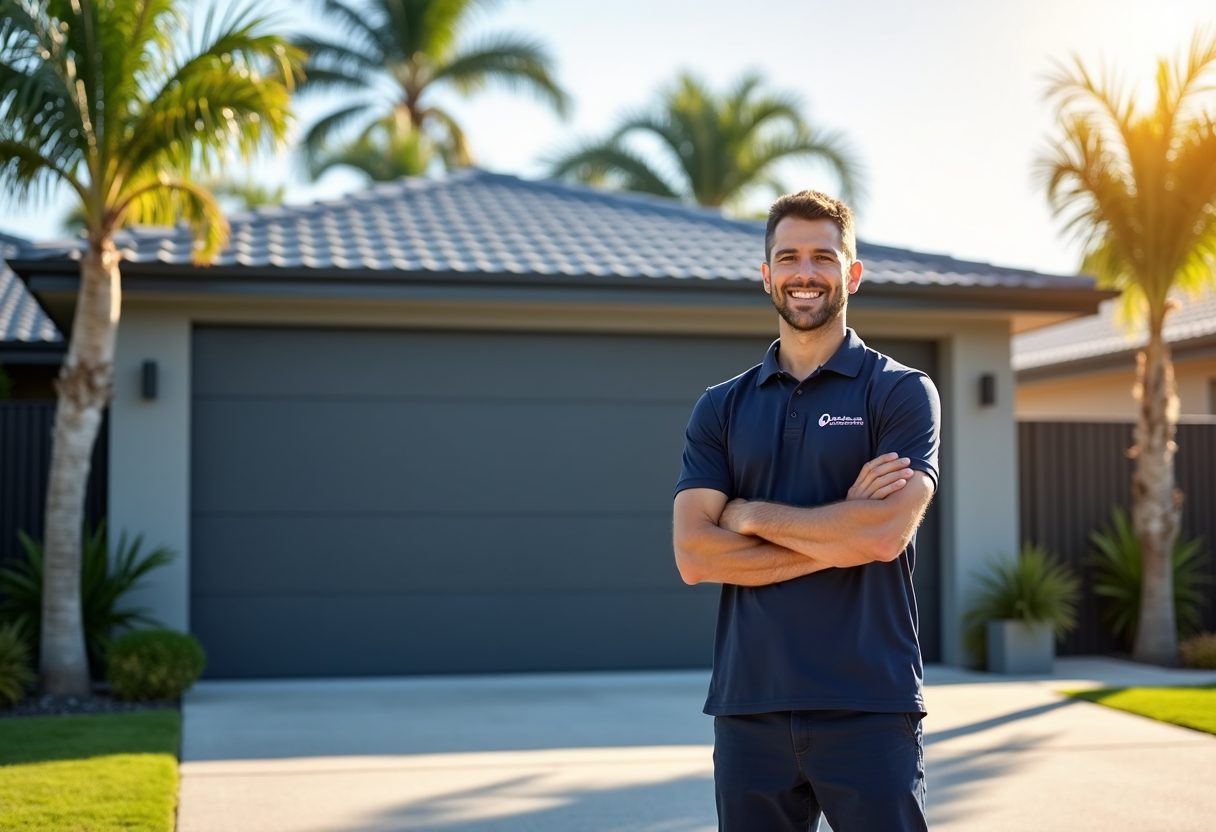 Technician beside a newly installed sectional garage door — Lutwyche